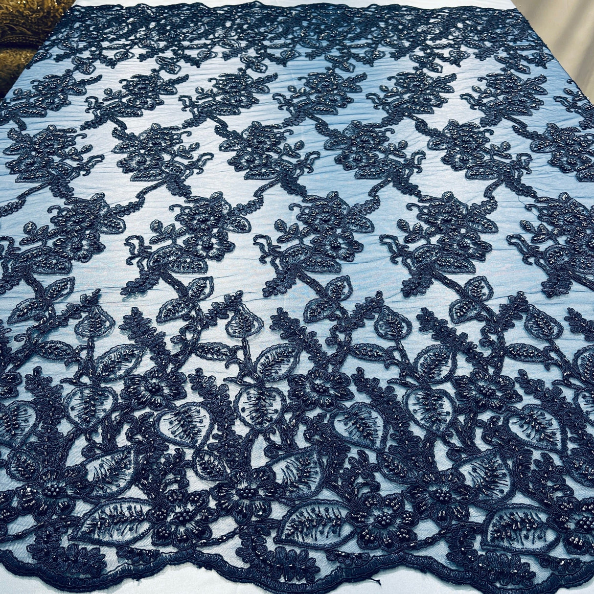Beaded Corded Lace Fabric on Polyester Net Mesh