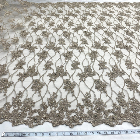 GD-381 Beaded & Corded Bridal Lace Fabric - Nude, Embroidered Net Mesh, 52" Width (1 Yard)