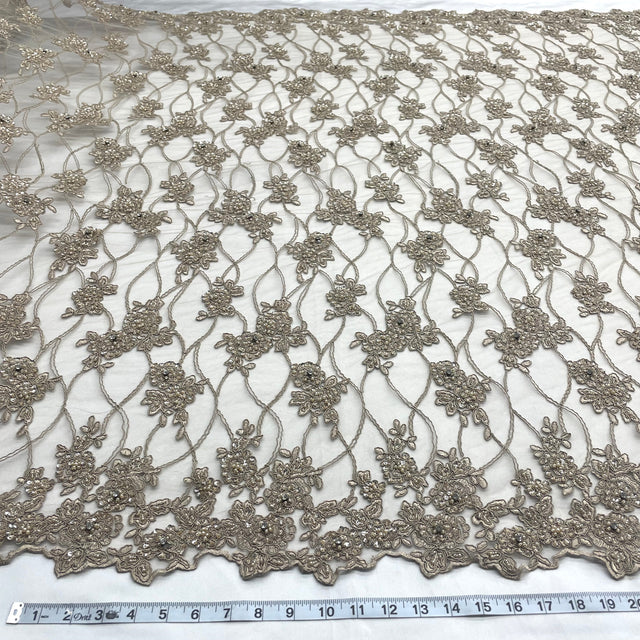 GD-381 Beaded & Corded Bridal Lace Fabric - Nude, Embroidered Net Mesh, 52" Width (1 Yard)