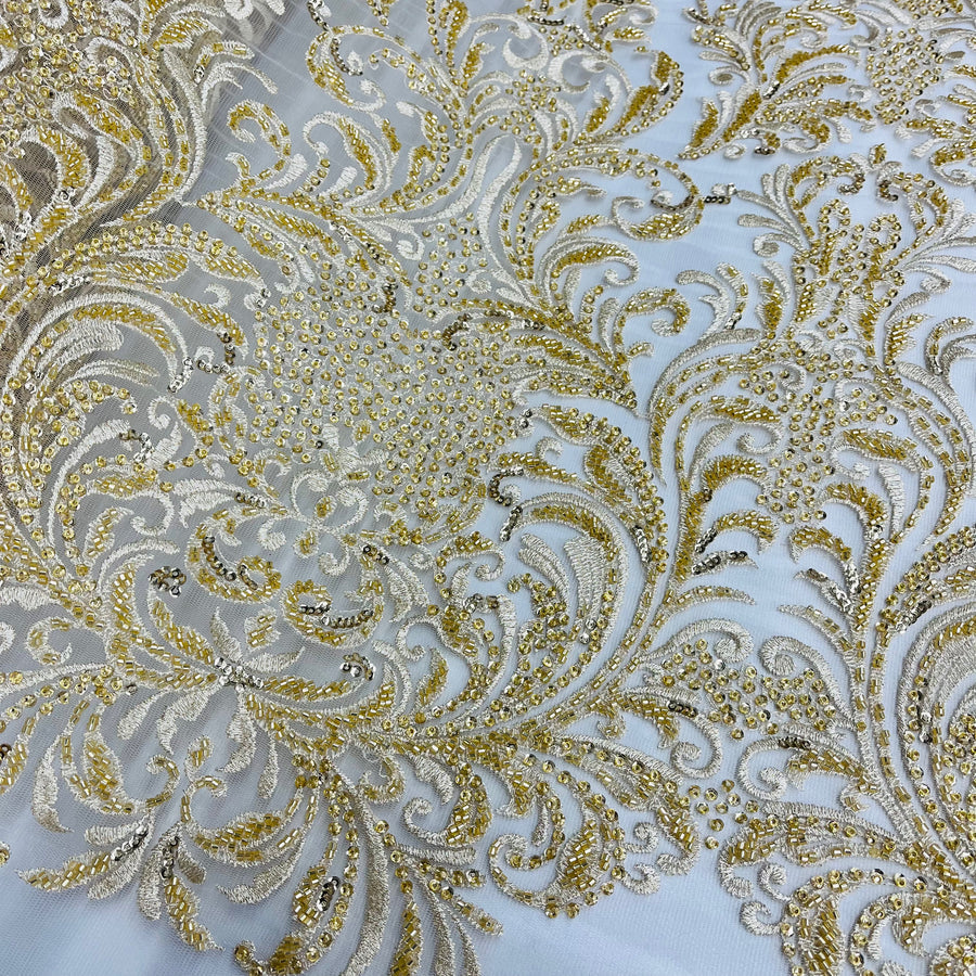 1 Yard Beaded Lace Fabric Embroidered on 100% Polyester Net Mesh, 5 Colors
