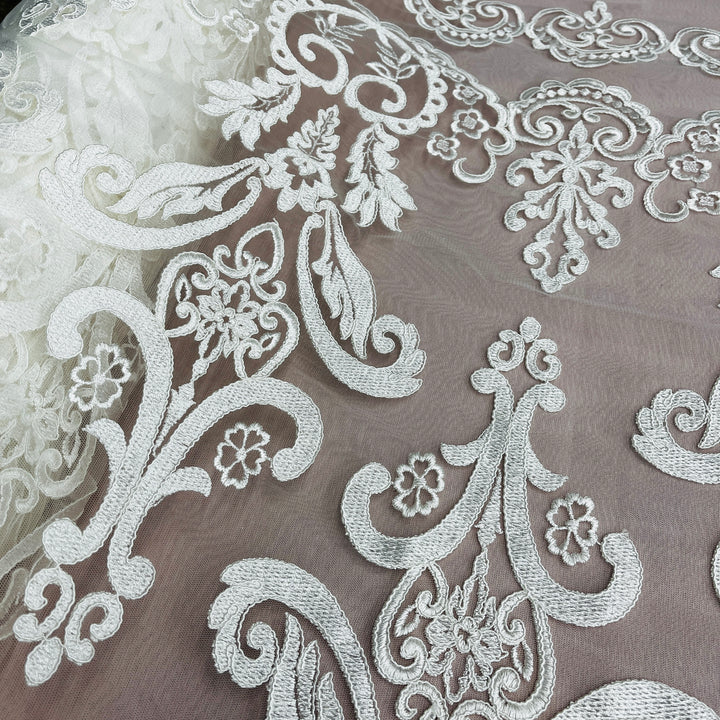 1 Yard Luxurious Corded Bridal Lace Fabric with Floral Embroidery White