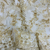 Beaded Corded Bridal Lace Fabric on Polyester Net Mesh