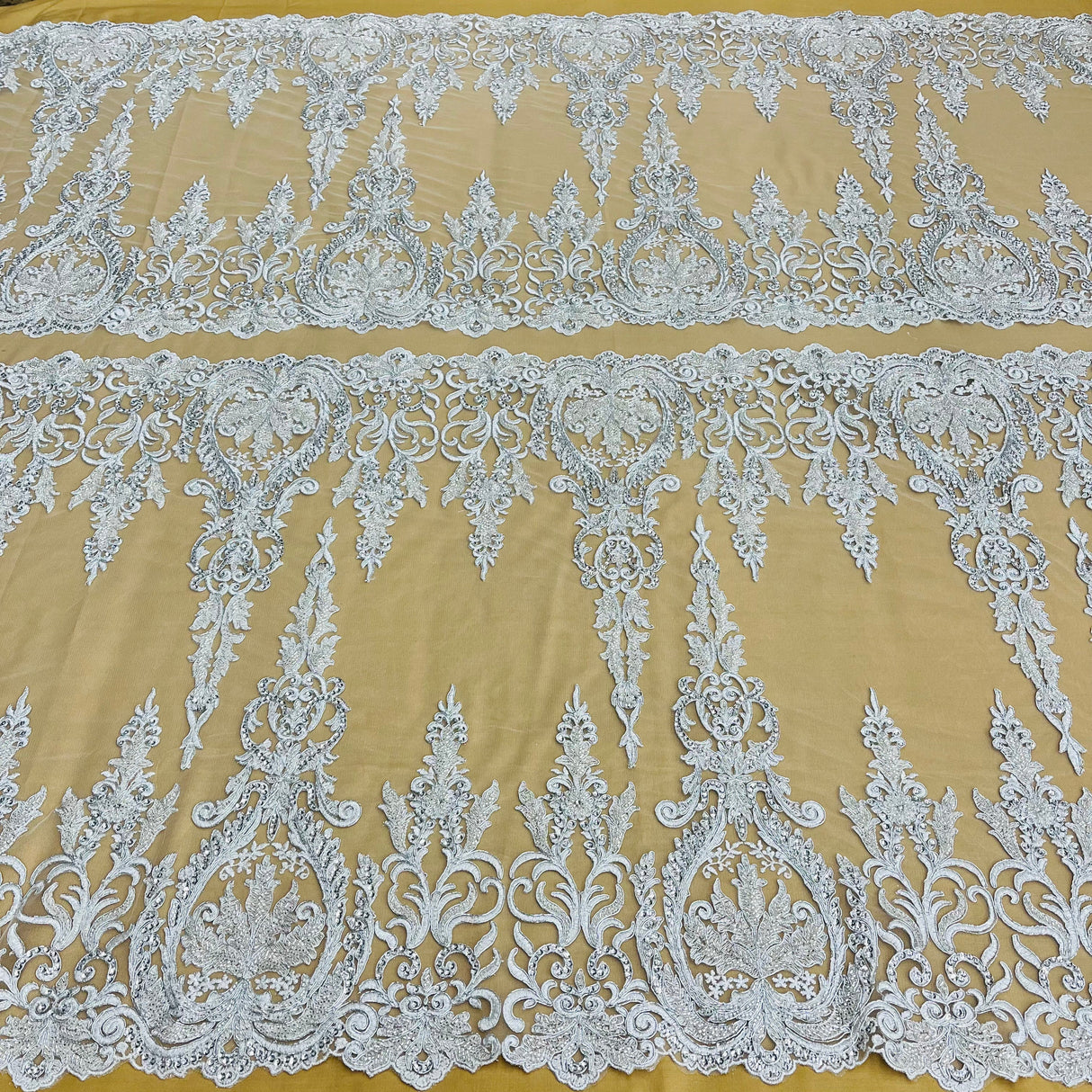 Beaded Corded Bridal Lace Fabric - Embroidered Net Mesh, 52" Width (1 Yard)