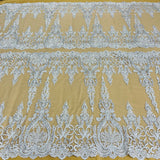 Beaded Corded Bridal Lace Fabric - Embroidered Net Mesh, 52" Width (1 Yard)