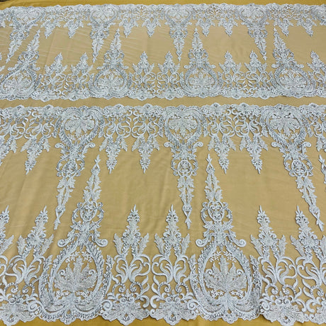 Beaded Corded Bridal Lace Fabric - Embroidered Net Mesh, 52" Width (1 Yard)