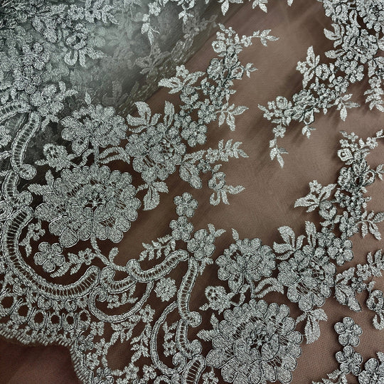 1 Yard Silver Corded Bridal Lace Fabric Embroidered on Polyester Net Mesh Elegant Floral 50 Inch Width