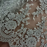 1 Yard Silver Corded Bridal Lace Fabric Embroidered on Polyester Net Mesh Elegant Floral 50 Inch Width