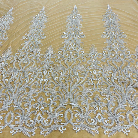 1 Yard Beaded Lace Fabric Embroidered with Fuzzy Thread on Polyester Net Mesh