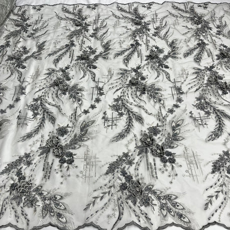 GD-2266 Beaded Rhinestone 3D Floral Lace Polyester Fabric - Plum, 3D Floral Embroidery, 50" Width (1 Yard)
