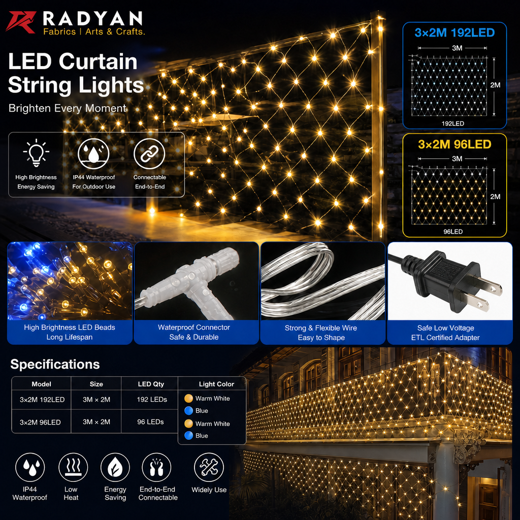 LED Net String Lights, 3m×2m Christmas Net Lights, 96/192 LEDs IP44 Waterproof Connectable Outdoor Mesh