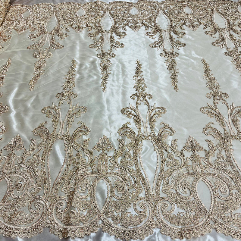 1 Yard Beaded & Corded Bridal Lace Fabric Embroidered on 100% Polyester Net Mesh  54 Inches Width
