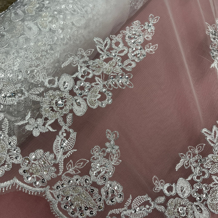 1 Yard Beaded and Corded Bridal Lace Fabric for Elegant Wedding Dresses White