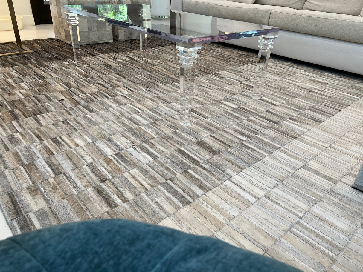 Fade Mocha White Patchwork Cowhide Fabric - Brown/White Faded, Area Rug, 5' X 7', 8' X 10', 9' X 12' (1 Unit)
