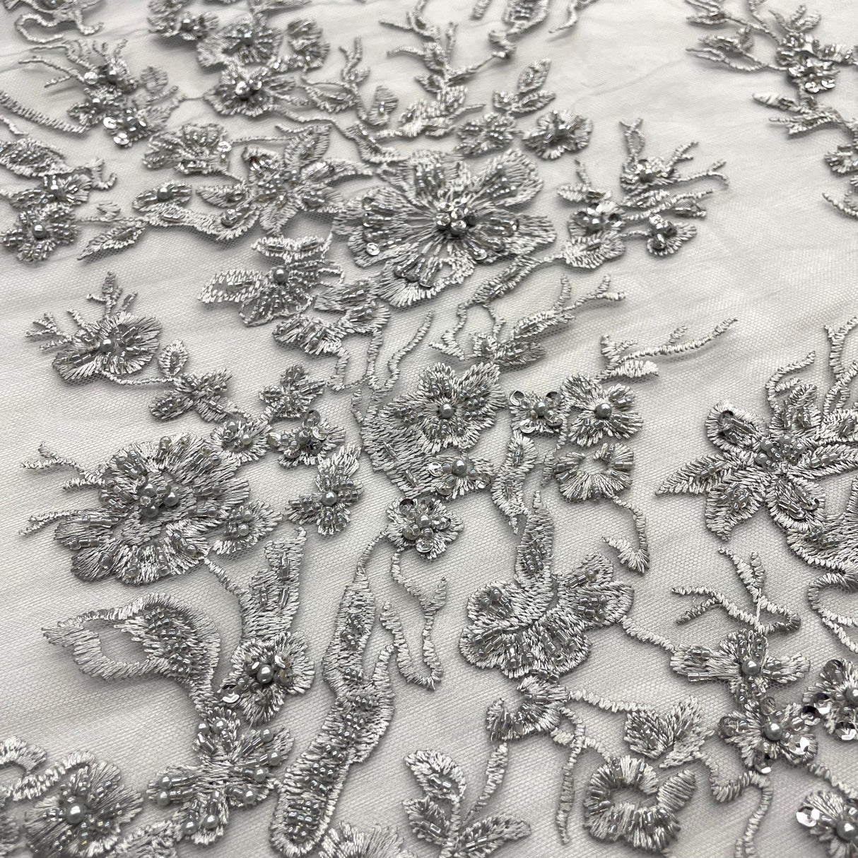 Beaded Lace Fabric Embroidered On 100 Percent Polyester Net Mesh - Silver, Champagne, 54" Width (1 Yard)