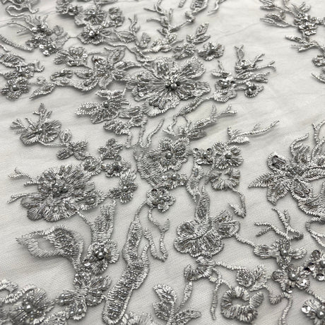 Beaded Lace Fabric Embroidered On 100 Percent Polyester Net Mesh - Silver, Champagne, 54" Width (1 Yard)