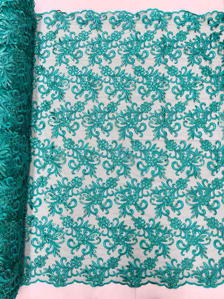 Estrella Corded Flowers Embroider With Sequins Mesh Lace Fabric - Floral Embroidered, Double Scallop, 50-54" Width, 36" Length (1 Yard)