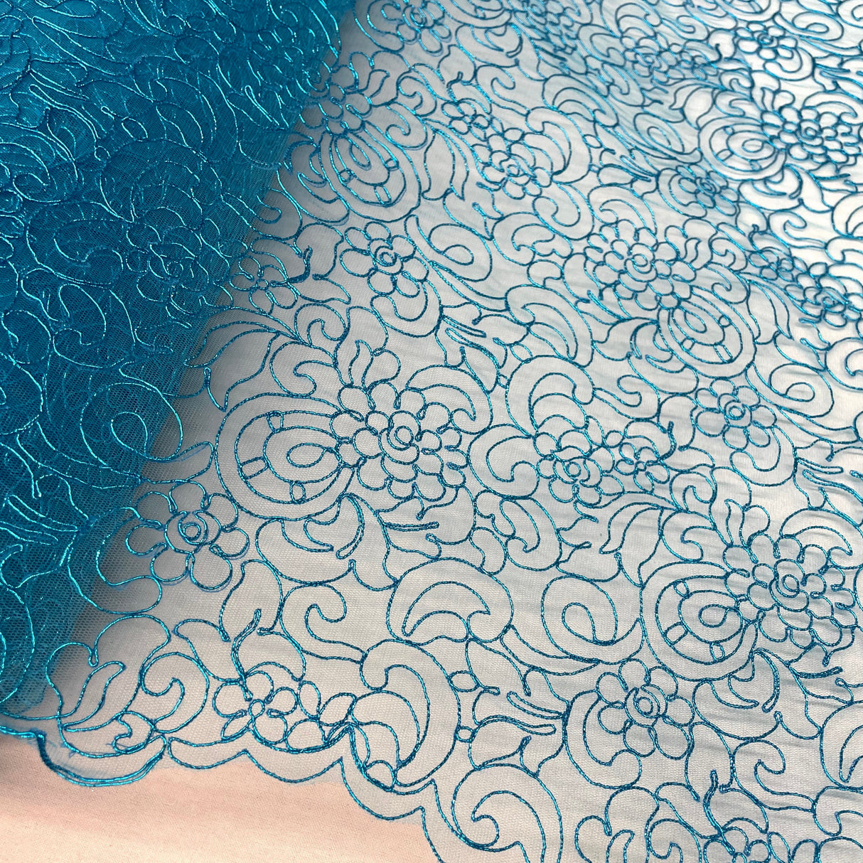 Embroidered Corded Lace Mesh Sky Blue