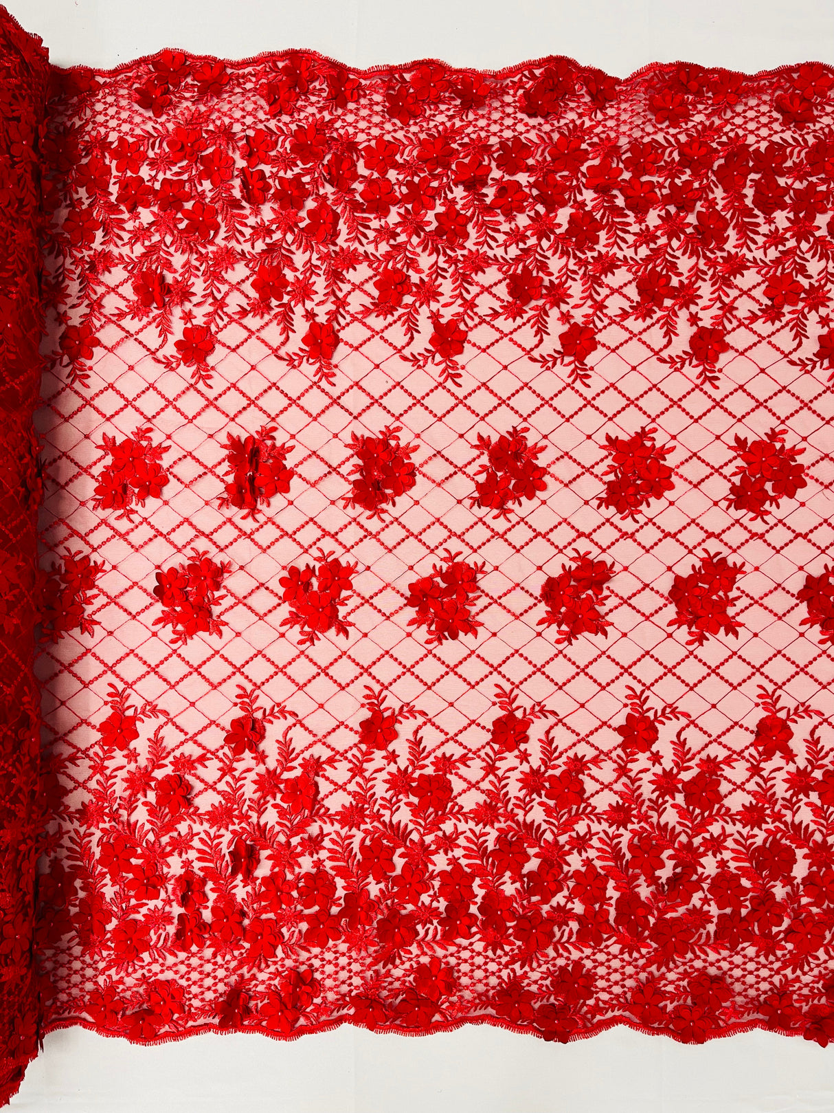 Lia 3D Floral Design Lace Fabric - Beaded Mesh, Double Scallop, 54" Width (1 Yard)