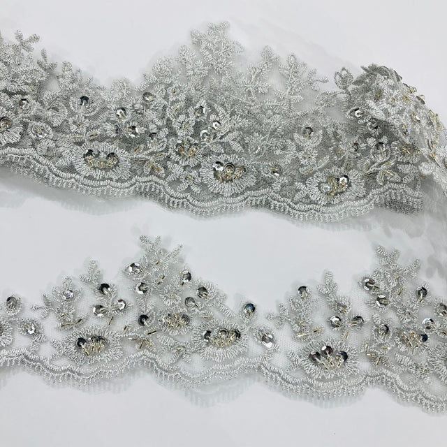 Beaded Lace Trimming on Polyester Net Mesh 3"