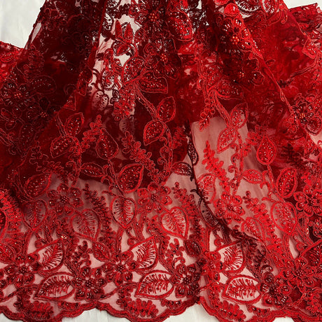 1 Yard 50" Wide Beaded & Corded Lace Fabric Embroidered on 100% Polyester Net Mesh