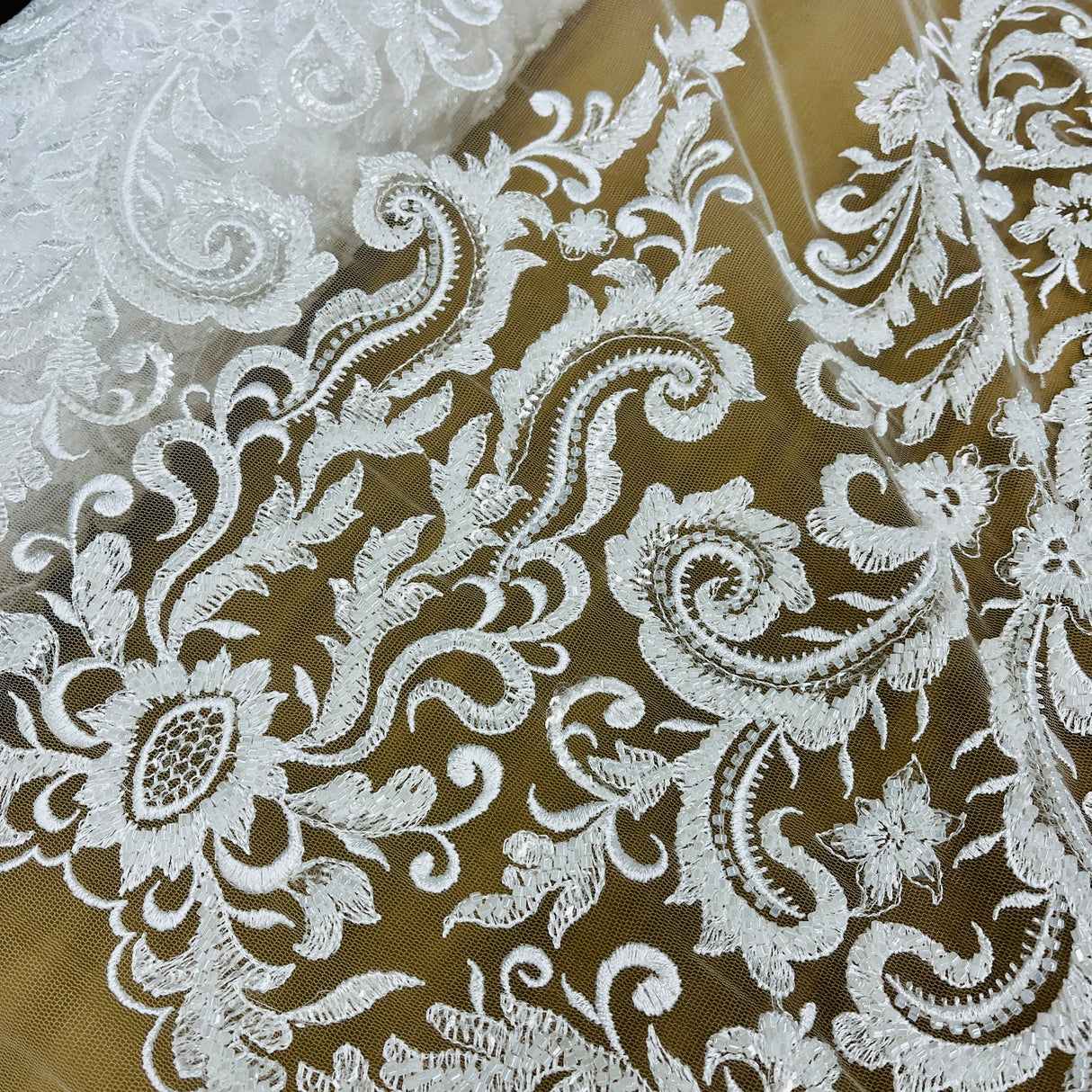 Beaded Embroidered Lace Mesh Off White