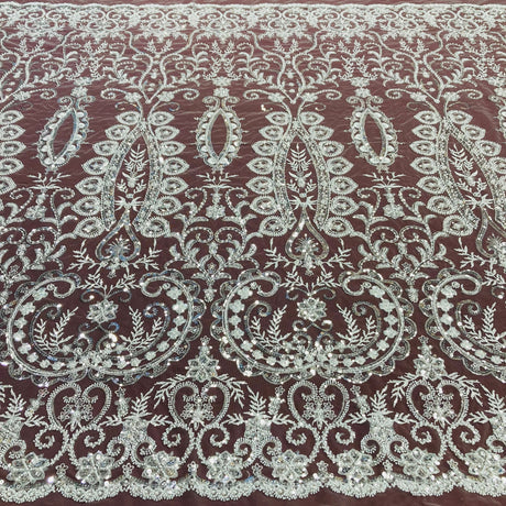 Beaded Lace Fabric Embroidered On 100 Percent Polyester Net Mesh - Gold, Silver, Ivory, White, 52" Width (1 Yard)