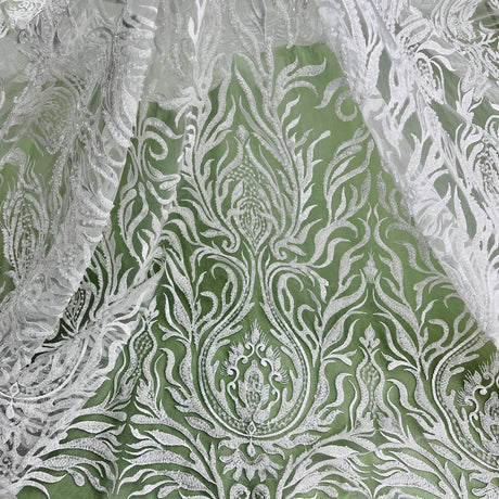 1 Yard Beaded Lace Fabric Embroidered on 100% Polyester Net Mesh | Off White
