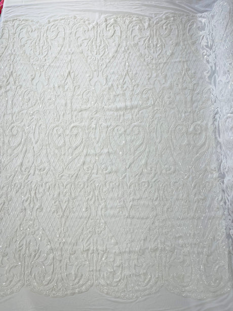 Heart Sequin Damask Polyester Fabric - Heart Damask, Iridescent Sequins, 54" Width (1 Yard)