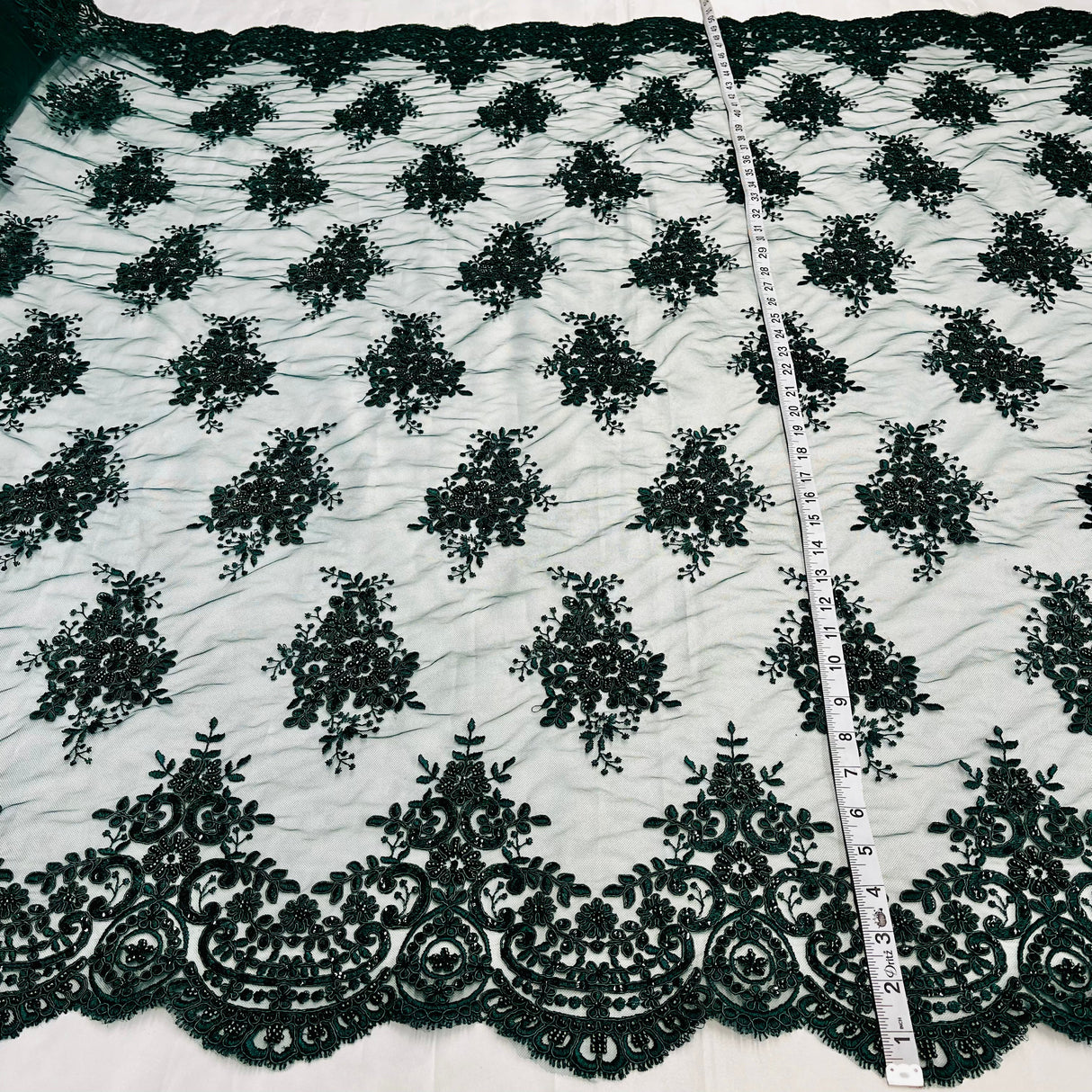 Beaded Corded Lace Fabric on Polyester Net Mesh