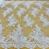 1 Yard Beaded and Corded Bridal Lace Fabric Embroidered on 100% Polyester Net Mesh White