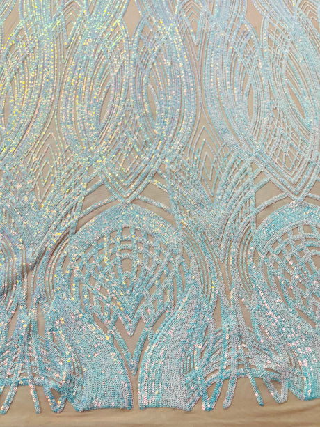Feather Damask Shiny Sequin Design 4 Way Stretch Mesh Fabric - Iridescent Sequin Embroidered Mesh, 48-50" Width, 36" Length (1 Yard)