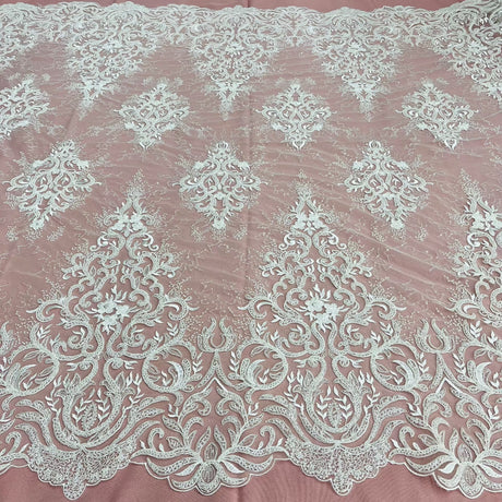 Beaded Corded Bridal Lace Polyester Fabric - Embroidered Net Mesh, White, Ivory, Silver, Gold, 56" Wide (1 Yard)