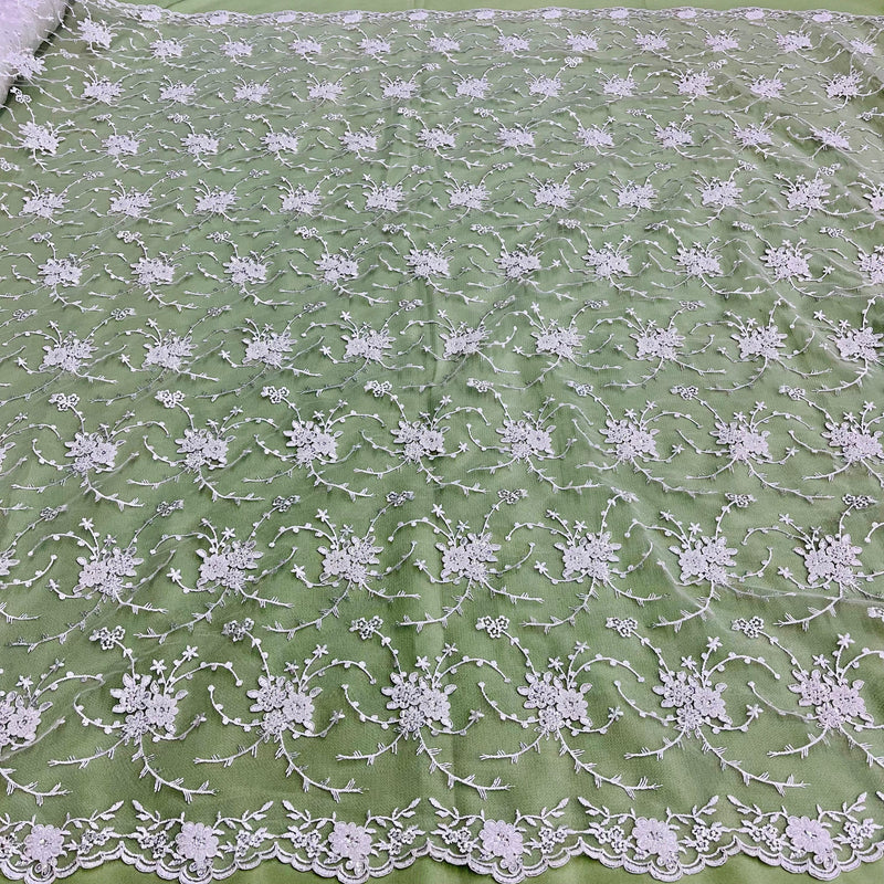 Beaded & Corded Bridal Lace Fabric - Embroidered Net Mesh, 52" Width (1 Yard)