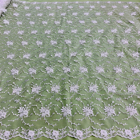 Beaded & Corded Bridal Lace Fabric - Embroidered Net Mesh, 52" Width (1 Yard)
