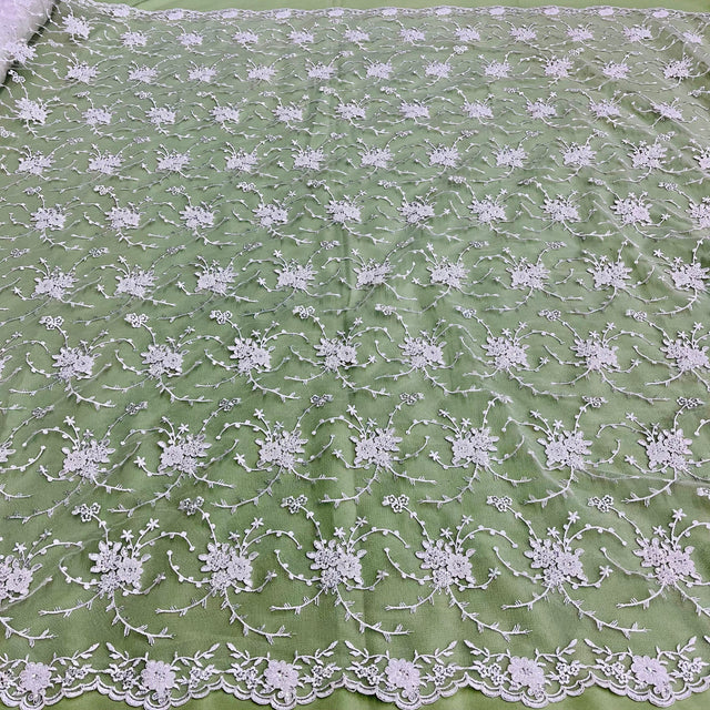 Beaded & Corded Bridal Lace Fabric - Embroidered Net Mesh, 52" Width (1 Yard)