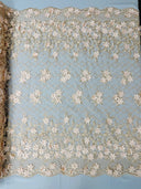 Lia 3D Floral Design Lace Fabric - Beaded Mesh, Double Scallop, 54" Width (1 Yard)