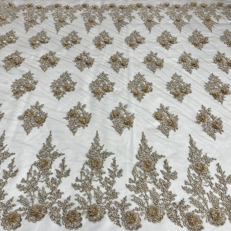 Beaded 3D Floral Lace Polyester Fabric - Black, Skin, Silver, 52" Width (1 Yard)
