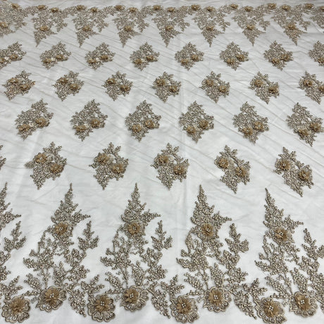 Beaded 3D Floral Lace Polyester Fabric - Black, Skin, Silver, 52" Width (1 Yard)