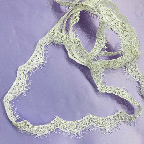 Corded Eyelash Lace Trimming 100 Percent Polyester Fabric - White, Ivory, Ivory With Silver, 1" Width (1 Yard)