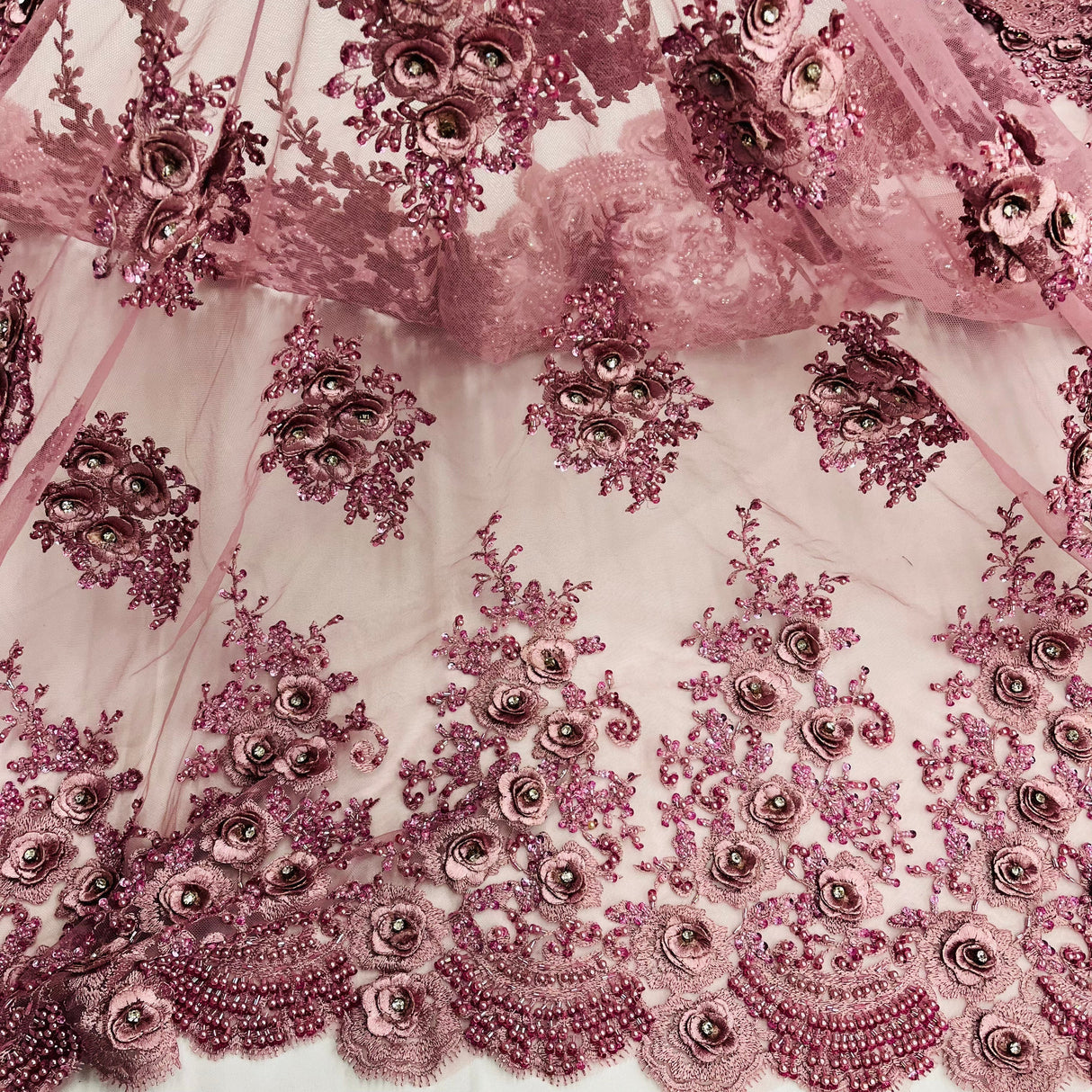 3D Floral Beaded Rhinestone Polyester Lace Fabric - Black, Silver, Pink, 3D Floral Embroidery, 54" Wide (1 Yard)