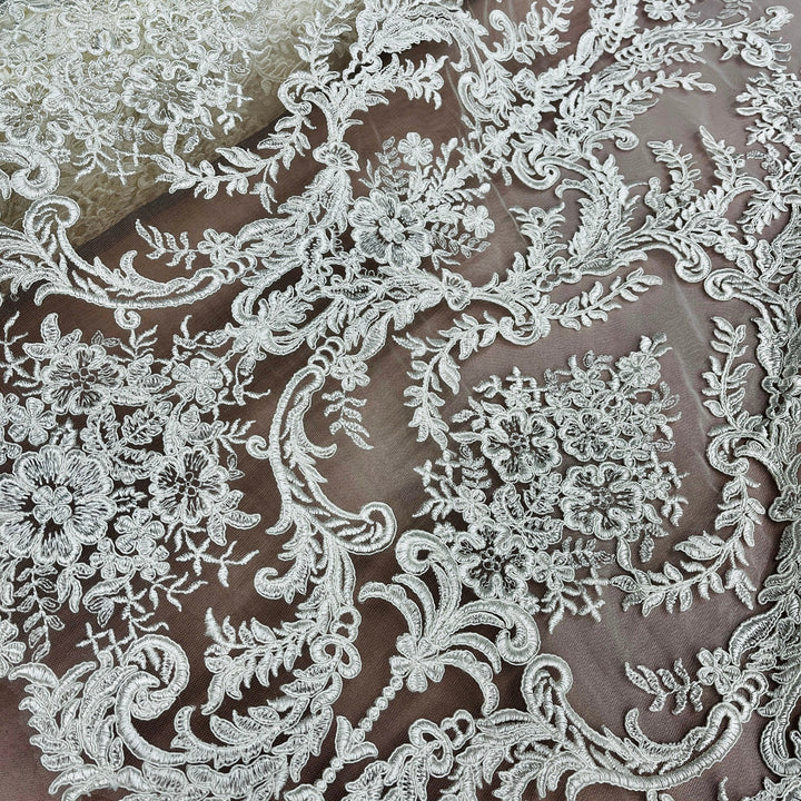 1 Yard Exquisite Bridal Lace Fabric Embroidered on 100% Polyester Net Mesh White