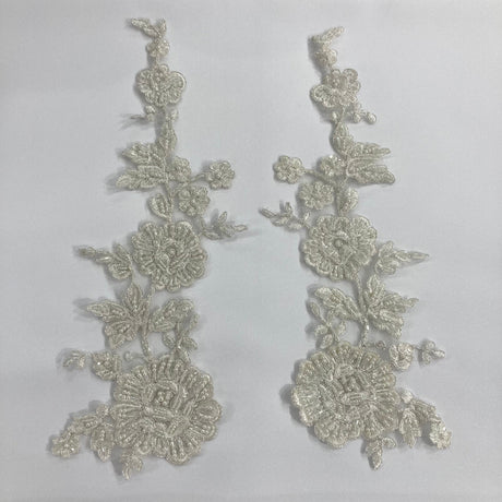 Beaded Corded Floral Lace Applique Embroidered 100 Percent Polyester Net Mesh Fabric - White, Ivory, Ivory With Silver Cording, White With Silver Cording, Black, 13" X 3.5" (1 Pair)