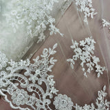 1 Yard Beaded and Corded Bridal Lace Fabric Embroidered on 100% Polyester Net Mesh White