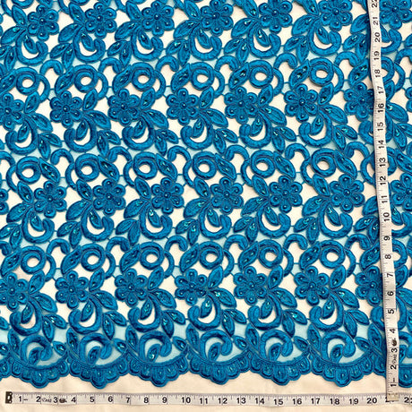 1 Yard Luxurious Beaded and Corded Bridal Lace Fabric Embroidered on Polyester Net Mesh