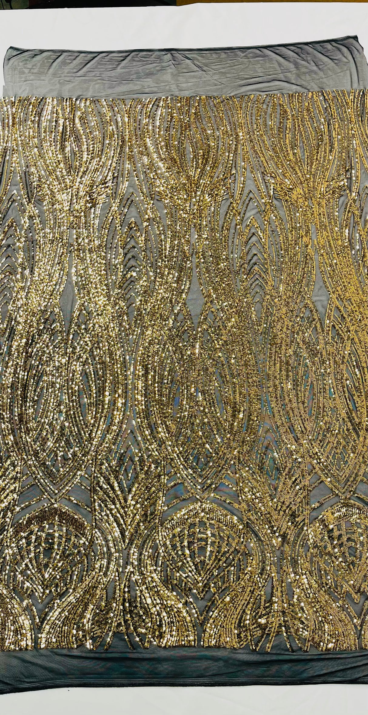 Feather Damask Shiny Sequin Design 4 Way Stretch Mesh Fabric - Iridescent Sequin Embroidered Mesh, 48-50" Width, 36" Length (1 Yard)