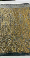 Feather Damask Shiny Sequin Design 4 Way Stretch Mesh Fabric - Iridescent Sequin Embroidered Mesh, 48-50" Width, 36" Length (1 Yard)