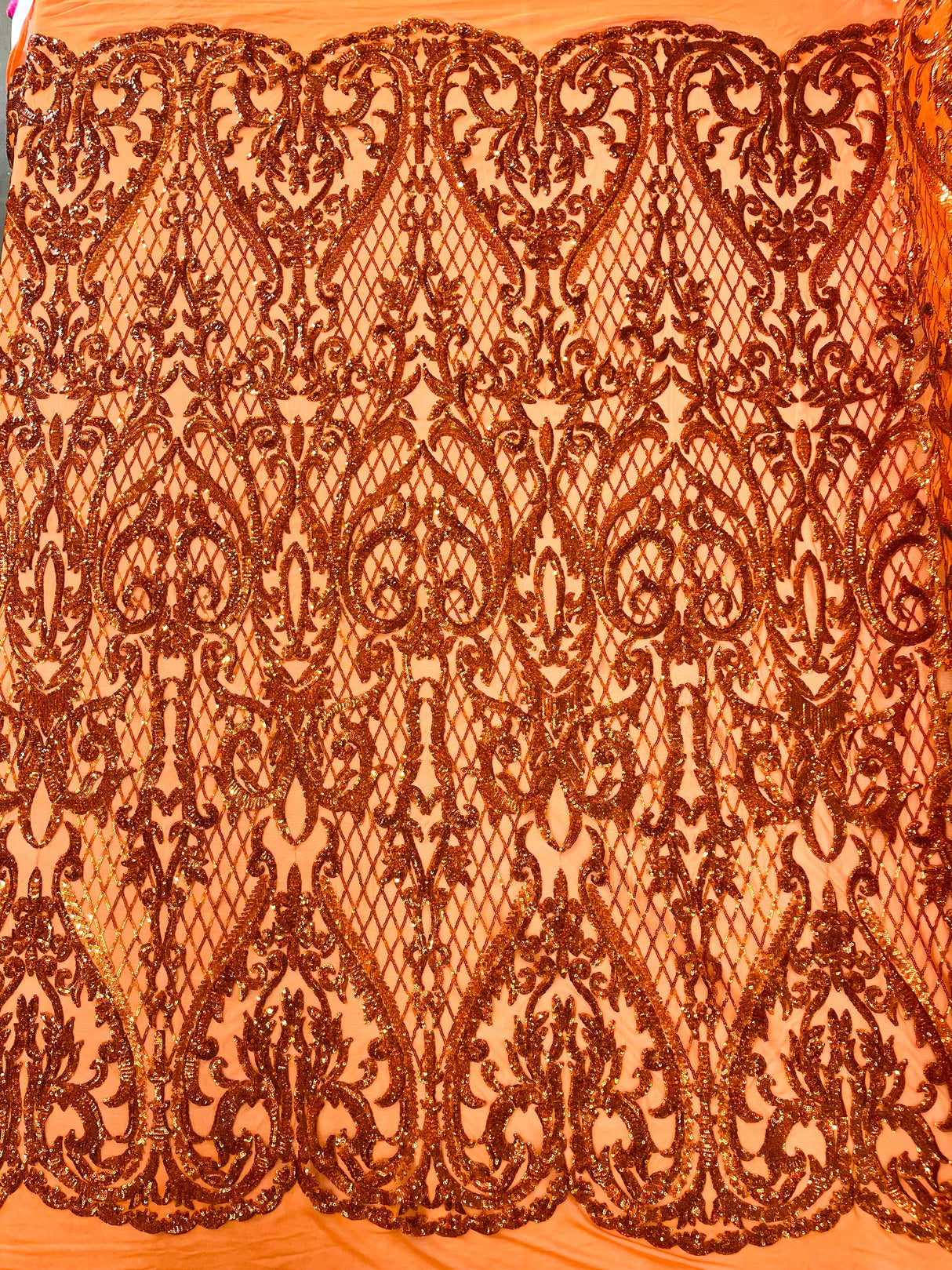 Heart Sequin Damask Polyester Fabric - Heart Damask, Iridescent Sequins, 54" Width (1 Yard)