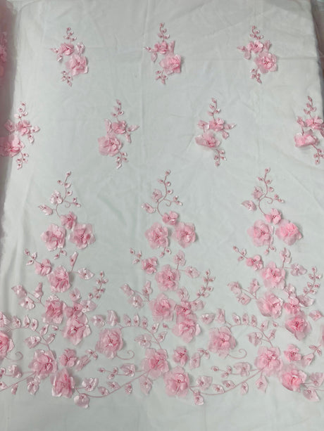 Orquidia 3D Floral Design Embroidered With Pearls Lace Fabric - 3D Floral Mesh Lace, 54" Width (1 Yard)