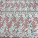 1 Yard Exquisite Corded Bridal Lace Fabric with Embroidered Floral Details White