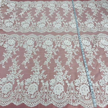 1 Yard Exquisite Corded Bridal Lace Fabric with Embroidered Floral Details White